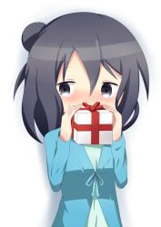 Rule 34 | 1girl, black eyes, black hair, blue shirt, blush, box, commentary request, covering own mouth, dress, gift, gift box, green dress, hair between eyes, hair bun, holding, holding gift, long hair, long sleeves, looking away, looking to the side, murakami shiina, nose blush, shin01571, shirt, side bun, simple background, single hair bun, single side bun, solo, stella no mahou, white background