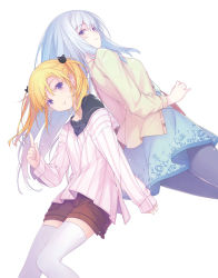 Rule 34 | 2girls, back-to-back, black legwear, blonde hair, blue skirt, brown shorts, casual, cat hair ornament, closed mouth, cover image, hair ornament, highres, index finger raised, long hair, long sleeves, looking at viewer, looking back, multiple girls, natsukawa mana, natsukawa masuzu, novel illustration, official art, ore no kanojo to osananajimi ga shuraba sugiru, purple eyes, ruroo, second-party source, shorts, silver hair, simple background, skirt, smile, textless version, thighhighs, twintails, white background, white legwear