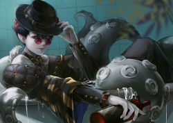 Rule 34 | 1boy, absurdres, alchemy stars, bathtub, black hair, black hat, black jacket, blurry, blurry foreground, bottle, fingernails, glasses, hand on headwear, hat, highres, holding, holding bottle, infinity symbol, jacket, long sleeves, looking at viewer, male focus, multicolored hair, one eye closed, padded jacket, parted lips, plant, pointy ears, red-tinted eyewear, red eyes, red hair, senada37, smile, solo, spilling, striped clothes, tentacles, tile wall, tiles, tinted eyewear, watch, water, wide sleeves, wine bottle, wristwatch