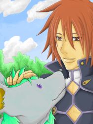 Rule 34 | 00s, cloud, kratos aurion, male focus, noishe, red eyes, red hair, short hair, sky, smile, tales of (series), tales of symphonia, tree