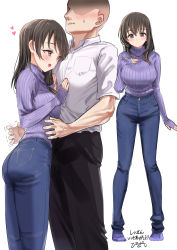 Rule 34 | 1boy, 1girl, :d, absurdres, bald, blush, breasts, denim, faceless, faceless male, fujiwara hajime, full body, hand on own chest, hands on another&#039;s chest, heart, high-waist pants, highres, idolmaster, idolmaster cinderella girls, jeans, large breasts, leaning on person, looking at viewer, multiple views, open mouth, pants, pizzasi, purple sweater, ribbed sweater, shirt, simple background, smile, sweater, toned, toned male, trembling, white background, white shirt