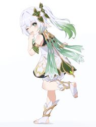 Rule 34 | 1girl, absurdres, asiri senpai, cape, commentary, detached sleeves, dress, english commentary, from behind, full body, genshin impact, gradient hair, green hair, grey hair, hair between eyes, hair ornament, highres, long hair, looking at viewer, looking back, multicolored hair, nahida (genshin impact), short sleeves, side ponytail, sidelocks, simple background, smile, solo, standing, standing on one leg, stirrup legwear, symbol-shaped pupils, toeless legwear, twitter username, white dress