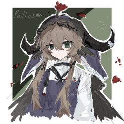 Rule 34 | 1girl, arknights, brown hair, character name, closed mouth, commentary request, cropped torso, dress, flower, flower on head, green eyes, hair between eyes, horns, long hair, long sleeves, looking at viewer, pallas (arknights), petals, purple dress, red flower, red rose, rose, shirt, sketch, solo, upper body, very long hair, white shirt, xunyicao96680