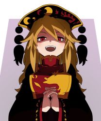 Rule 34 | 1girl, black dress, black hat, blonde hair, chinese clothes, dress, hair between eyes, hat, highres, junko (touhou), kikoka (mizuumi), long hair, long sleeves, looking at viewer, looking down, own hands together, perspective, purple background, red eyes, shaded face, smile, solo, tabard, tassel, teeth, touhou, turtleneck, two-tone background, upper body, upper teeth only, white background, wide sleeves