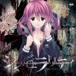 Rule 34 | 10s, 1girl, album cover, black coat, breasts, chaos;child, cleavage, coat, collarbone, cover, hair between eyes, looking at viewer, lowres, naked coat, official art, onoe serika, parted lips, partially unzipped, pink hair, purple eyes, short hair with long locks, sidelocks, small breasts, solo, standing, upper body