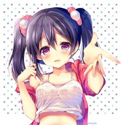 Rule 34 | 10s, 1girl, ayuma sayu, black hair, blush, camisole, hair between eyes, hair bobbles, hair ornament, hood, hoodie, long hair, looking at viewer, love live!, love live! school idol project, midriff peek, off shoulder, open clothes, open hoodie, open mouth, red eyes, simple background, smile, solo, tank top, twintails, yazawa nico