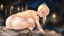 Rule 34 | 1girl, ass, back, bathing, bent over, blonde hair, blue eyes, boku wa tomodachi ga sukunai, breasts, butterfly hair ornament, cait aron, commentary, from side, hair ornament, highres, kashiwazaki sena, large breasts, looking at viewer, naked towel, night, night sky, onsen, parted lips, see-through, sideboob, sidelocks, sky, solo, towel, water, wet