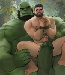 Rule 34 | 2boys, abs, bald, bara, beard, blush, colored skin, completely nude, couple, dopey (dopq), erection, facial hair, fangs, giant, giant male, green skin, highres, huge penis, imminent anal, imminent penetration, interspecies, large pectorals, looking at another, male focus, mature male, monster boy, multiple boys, muscular, muscular male, nipples, nude, orc, original, paid reward available, pectorals, penis, pointy ears, rope, short hair, size difference, spread legs, stomach, thick eyebrows, thick thighs, thighs, uncensored, yaoi