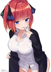 Rule 34 | 1girl, black jacket, black panties, black ribbon, blue eyes, blue nails, blunt bangs, blush, breasts, cleavage, collared shirt, commentary request, dated, dress shirt, go-toubun no hanayome, hair ribbon, highres, hirota fruit, jacket, medium breasts, multicolored nails, nail polish, nakano nino, no pants, open clothes, open jacket, panties, parted lips, pink nails, red hair, ribbon, shirt, signature, simple background, smile, solo, sweat, two side up, underwear, v-shaped eyebrows, white background, white shirt