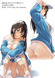 Rule 34 | 1girl, amamiya natsumi, ass, baseball cap, black hair, blue eyes, blush, breasts, cleavage, competition swimsuit, from side, hair between eyes, hat, highres, jacket, kekemotsu, knees up, large breasts, long hair, looking at viewer, looking back, multiple views, non-web source, one-piece swimsuit, open mouth, original, shoes, sidelocks, simple background, sitting, smile, sneakers, swimsuit, thighs, track jacket, white background, white one-piece swimsuit