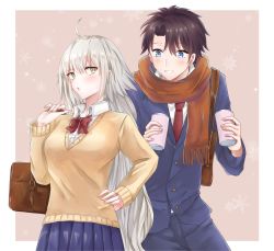 Rule 34 | 1boy, 1girl, absurdly long hair, ahoge, alternate costume, bad id, bad pixiv id, bag, blue eyes, blue skirt, blush, breasts, brown hair, earrings, fate/grand order, fate (series), fujimaru ritsuka (male), hand on own hip, handbag, highres, jeanne d&#039;arc (fate), jeanne d&#039;arc alter (avenger) (fate), jeanne d&#039;arc alter (fate), jewelry, long hair, looking at another, medium breasts, orange scarf, parted lips, red neckwear, rossa (pixiv27548922), scarf, short hair, silver hair, skirt, snowflakes, standing, very long hair, yellow eyes