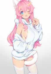 Rule 34 | 1girl, animal ear fluff, animal ears, blue eyes, blush, breasts, cat ears, cat tail, clothes lift, clothing cutout, commentary, fang, fiodo, gradient background, hair between eyes, hand in pocket, hand up, heart, heart in eye, highres, hood, hood down, hoodie, hoodie lift, large breasts, lifted by tail, long sleeves, looking at viewer, one eye closed, open mouth, original, paw pose, pink hair, shoulder cutout, sideboob, sidelocks, simple background, solo, standing, symbol-only commentary, symbol in eye, tail, thighhighs, white background, white hoodie, white thighhighs, xiao me