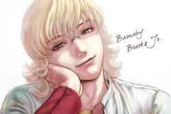 Rule 34 | 10s, 1boy, androgynous, barnaby brooks jr., bibirii, blonde hair, character name, glasses, green eyes, jacket, looking at viewer, male focus, red jacket, resolution mismatch, smile, solo, tiger &amp; bunny