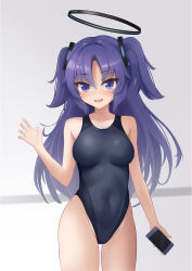 Rule 34 | 1girl, bad id, bad pixiv id, black one-piece swimsuit, blue archive, breasts, cellphone, competition swimsuit, cowboy shot, halo, hhsan, highres, looking at viewer, mechanical halo, medium breasts, one-piece swimsuit, parted bangs, phone, purple eyes, purple hair, sidelocks, smartphone, solo, standing, swimsuit, two side up, yuuka (blue archive)