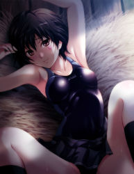 Rule 34 | 1girl, amagami, armpits, black hair, black socks, blush, breasts, brown eyes, competition swimsuit, hay, kneehighs, looking at viewer, lying, nanasaki ai, one-piece swimsuit, school swimsuit, shian (my lonly life.), short hair, skirt, smile, socks, solo, sweat, swimsuit