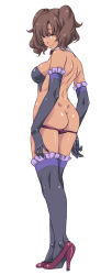 Rule 34 | 1girl, ass, bare shoulders, bikini, bikini pull, black bikini, black gloves, black thighhighs, bridal garter, brown eyes, brown hair, butt crack, closed mouth, clothes pull, dark-skinned female, dark skin, demon girl, elbow gloves, frills, from behind, gloves, high heels, highres, kiyama satoshi, pulling own clothes, red footwear, shiny skin, shoes, short hair, short twintails, simple background, smile, solo, standing, swimsuit, thighhighs, twintails, undressing, white background