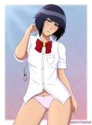 Rule 34 | 1girl, absurdres, black hair, bleach, blue eyes, blush, bow, bowtie, breasts, closed mouth, highres, looking at viewer, mistowing, panties, pink panties, red bow, red bowtie, shirt, small breasts, solo, sui-feng, underwear, white shirt
