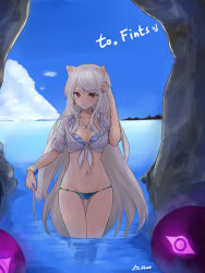 Rule 34 | 00s, 1girl, adjusting hair, animal ears, bad id, bad pixiv id, bikini, blush, breasts, cat ears, cave, cleavage, dungeon and fighter, female gunner (dungeon and fighter), front-tie top, gluteal fold, gunner (dungeon and fighter), hand in own hair, highres, long hair, looking at viewer, ocean, red eyes, shaojiang, silver hair, smile, solo, swimsuit, thigh gap, very long hair, wading, water