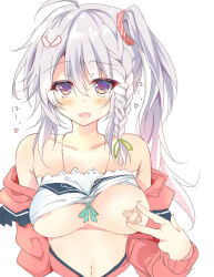 Rule 34 | 1girl, 9-nine-, ahoge, armpit crease, aroused, bandaid, bandaids on nipples, bare shoulders, blush, braid, breasts, breasts apart, breasts out, butterfly hair ornament, cardigan, clothes lift, collarbone, commentary request, eyelashes, eyes visible through hair, green ribbon, grey hair, hair between eyes, hair ornament, hair ribbon, hand up, heart, heavy breathing, large breasts, long hair, looking at viewer, navel, niimi sora, no bra, off shoulder, official alternate costume, open cardigan, open clothes, open mouth, pasties, red cardigan, ribbon, shirt, shirt lift, side ponytail, sidelocks, simple background, single braid, smile, solo, straight-on, sweatdrop, upper body, v, v over breast, wavy hair, white background, white shirt, yukichi (nyarome-busters)