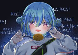 Rule 34 | 1girl, absurdres, blue background, blue hair, blush, commentary request, crime prevention buzzer, double bun, eyes visible through hair, fingernails, gradient background, green hair, hair between eyes, hair bun, highres, long bangs, long sleeves, looking at viewer, multicolored hair, nanashi inc., official alternate costume, open mouth, pink eyes, sakuta1221pc, short hair, shukusei!! loli-gami requiem, single strap, smile, solo, suzumi nemo, suzumi nemo (2nd costume), sweater, two-tone hair, upper body, virtual youtuber, white sweater