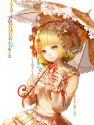 Rule 34 | 1girl, animal print, bad id, bad pixiv id, blonde hair, blunt bangs, bonnet, brown eyes, butterfly print, dress, floral print, frills, long hair, looking at viewer, original, parasol, red ribbon, ribbon, short hair, simple background, smile, solo, standing, umbrella, upper body, white background, yukinoa