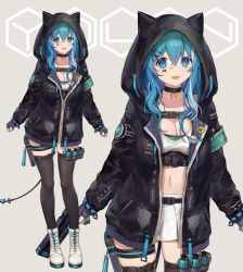 Rule 34 | 1girl, :d, animal ears, arms at sides, barcode, belt, black choker, black gloves, black jacket, black thighhighs, blue eyes, blue hair, blue nails, boots, breasts, cat ears, choker, cleavage, closed jacket, collarbone, cross-laced footwear, cube, demon tail, explosive, facial mark, fake animal ears, fang, fingerless gloves, gloves, grey background, gun, hair between eyes, hair ornament, hairclip, handgun, holding, holding gun, holding weapon, holster, hood, hood up, jacket, jewelry, lace-up boots, long hair, long sleeves, looking at viewer, medium breasts, midriff, miniskirt, multicolored hair, multiple views, nail polish, navel, open clothes, open jacket, open mouth, pendant, pistol, pleated skirt, pocket, sakuraba channel, skin fang, skirt, smile, standing, streaked hair, tail, thigh holster, thighhighs, virtual youtuber, vivi (eve no hakoniwa), weapon, white footwear, white hair, white skirt, x hair ornament, yadoli lina, zipper