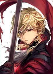Rule 34 | 1boy, blonde hair, cape, coat, commentary request, eldigan (fire emblem), fire emblem, fire emblem: genealogy of the holy war, fire emblem heroes, gloves, haru (nakajou-28), highres, holding, holding sword, holding weapon, long hair, male focus, nintendo, red coat, red eyes, simple background, solo, sword, weapon, white background