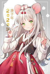 Rule 34 | 1girl, 2020, animal ear fluff, animal ears, azit (down), blush, chinese clothes, chinese zodiac, closed mouth, commentary request, double v, facial mark, green eyes, grey hair, hair ornament, hands up, hanfu, highres, long hair, looking at viewer, mouse ears, new year, original, pleated skirt, red skirt, skirt, smile, solo, v, very long hair, whisker markings, year of the rat