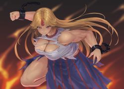 Rule 34 | 1girl, blonde hair, blurry, blurry background, breasts, chain, cleavage, clenched hand, foot out of frame, from above, grin, highres, horns, hoshiguma yuugi, large breasts, long hair, looking at viewer, muscular, ranma (kamenrideroz), red eyes, serious, simple background, single horn, smile, solo, thighs, torn clothes, touhou, v-shaped eyebrows, very long hair