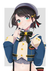 Rule 34 | 1girl, absurdres, beret, black bow, black bowtie, blue eyes, blue jacket, blue nails, blush, bow, bowtie, brown hair, closed mouth, commentary request, crop top, cropped jacket, grey hat, grey shirt, hat, highres, hololive, jacket, long sleeves, looking at viewer, midriff, nail polish, navel, oozora subaru, oozora subaru (work), shirt, short hair, smile, solo, striped clothes, striped shirt, suspenders, suzushika (13 96), upper body, vertical-striped clothes, vertical-striped shirt, virtual youtuber