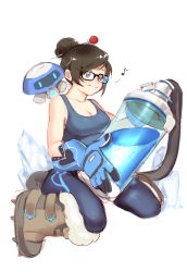 Rule 34 | 1girl, absurdres, bahao diqiu, black-framed eyewear, blue shirt, boots, breasts, brown eyes, brown hair, cleavage, collarbone, drone, floating, full body, fur-trimmed boots, fur trim, glasses, gloves, hair bun, hair ornament, hair stick, highres, matching hair/eyes, medium breasts, mei (overwatch), musical note, overwatch, overwatch 1, quaver, robot, shirt, short hair, simple background, single hair bun, sketch, snowball (overwatch), solo, tank (container), tank top, white background