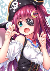 Rule 34 | 1girl, :d, absurdres, bare shoulders, bat hair ornament, bat wings, bead necklace, beads, black wings, blue eyes, blush, breasts, commentary request, crescent, crescent hair ornament, eyepatch, fang, fingernails, frilled shirt, frills, hair ornament, hands up, hat, highres, jewelry, long hair, necklace, nijisanji, off-shoulder shirt, off shoulder, open mouth, pirate, pirate hat, red hair, shirt, short sleeves, skin fang, skull and crossbones, small breasts, smile, solo, underbust, very long hair, virtual youtuber, wakagi repa, white shirt, wings, yuzuki roa