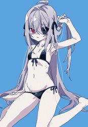 Rule 34 | 1girl, ahoge, bikini, black bikini, blue background, breasts, eyepatch, front-tie top, grey hair, hair between eyes, long hair, looking at viewer, mearylis (yamanasi mikage), navel, original, pale skin, parted lips, red eyes, side-tie bikini bottom, simple background, sitting, small breasts, solo, swimsuit, very long hair, wariza, yamanasi mikage