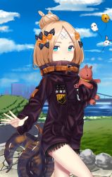 Rule 34 | 1girl, abigail williams (fate), abigail williams (traveling outfit) (fate), bad id, bad pixiv id, black bow, black jacket, blonde hair, blue eyes, blue sky, blush, bow, cityscape, cloud, commentary request, crossed bandaids, day, fate/grand order, fate (series), hair bow, hair bun, heroic spirit traveling outfit, highres, jacket, jun (aousa0328), key, long hair, long sleeves, looking at viewer, medjed (fate), hugging object, official alternate costume, orange bow, outdoors, parted bangs, parted lips, polka dot, polka dot bow, river, single hair bun, sky, sleeves past fingers, sleeves past wrists, solo, standing, star (symbol), stuffed animal, stuffed toy, suction cups, teddy bear, tentacles, water