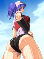 Rule 34 | 10s, 1girl, ass, breasts, cloud, female focus, garada k7, gloves, hat, huge ass, long hair, looking at viewer, looking back, monteriakitto, ponytail, purple hair, red eyes, robot girls z, sky, smile, solo, thighs, yellow eyes