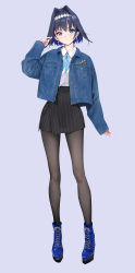 Rule 34 | 1girl, absurdres, ankle boots, black skirt, blue eyes, blue hair, blue jacket, blush, boots, bow, bow earrings, breasts, cross-laced footwear, earrings, hair intakes, headband, highres, hololive, hololive english, jacket, jewelry, lace-up boots, large breasts, long sleeves, looking at viewer, ouro kronii, pantyhose, pinstripe pattern, pinstripe skirt, short hair, skirt, solo, striped, virtual youtuber, yd (orange maru)