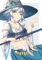 Rule 34 | 1girl, aroha j, bangle, baphomet (megido72), bell, blue skirt, bracelet, breasts, cleavage, collar, hat, highres, jewelry, looking at viewer, megido72, midriff, navel, neck bell, short hair, silver hair, simple background, skirt, small breasts, smile, solo, wide sleeves, yellow eyes