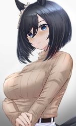 Rule 34 | 1girl, :|, alternate costume, animal ears, beige sweater, belt, black hair, blue eyes, bob cut, breasts, brown belt, closed mouth, commentary request, covered erect nipples, ear scrunchie, eishin flash (umamusume), expressionless, grey background, hair between eyes, highres, holding own arm, horse ears, horse girl, horse tail, large breasts, lips, long sleeves, looking at viewer, panties, ryouta (ryouta335), scrunchie, short hair, solo, standing, tail, umamusume, underwear, upper body, white panties, white scrunchie