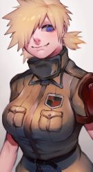 Rule 34 | 1girl, absurdres, blonde hair, blue eyes, breasts, cowboy shot, fang, female focus, hellsing, highres, ibuo (ibukht1015), large breasts, military, military uniform, seras victoria, short sleeves, simple background, smile, solo, twintails, uniform