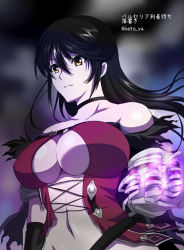 Rule 34 | 1girl, bandaged arm, bare shoulders, black hair, black neckwear, breasts, choker, closed mouth, collarbone, expressionless, groin, hato ya, large breasts, long hair, midriff, navel, revealing clothes, solo, tales of (series), tales of berseria, torn clothes, twitter username, underboob, upper body, velvet crowe, yellow eyes