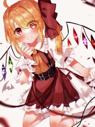 Rule 34 | 1girl, ahoge, ascot, belt, blonde hair, blurry, blush, bow, crystal, depth of field, flandre scarlet, frills, grey background, grin, hair between eyes, highres, looking at viewer, one side up, parted lips, petticoat, puffy short sleeves, puffy sleeves, red bow, red eyes, red ribbon, red skirt, red vest, ribbon, shirt, short sleeves, skirt, skirt set, smile, socks, solo, touhou, tsuyuji shigure, vest, white shirt, white socks, wings, wrist cuffs