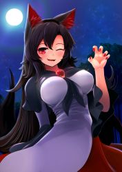 Rule 34 | 1girl, animal ears, breasts, brooch, brown hair, commentary, commentary request, dress, fang, fingernails, highres, imaizumi kagerou, jewelry, large breasts, long fingernails, long hair, long sleeves, looking at viewer, looking down, nail polish, nama shirasu, off-shoulder dress, off shoulder, one eye closed, open mouth, red eyes, red nails, solo, tail, touhou, wide sleeves, wolf ears, wolf tail