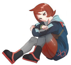 Rule 34 | 1girl, arezu (pokemon), black footwear, boots, brown bag, brown eyes, brown hair, closed mouth, commentary request, cowlick, creatures (company), from side, game freak, highres, hood, hood down, hooded jacket, horezai, jacket, knees, long sleeves, nintendo, pantyhose, pokemon, pokemon legends: arceus, short hair, simple background, sitting, smile, solo, two-tone legwear, white background