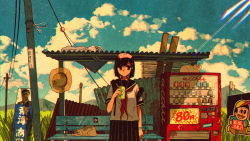 Rule 34 | 1girl, :x, awakumo, backpack, bag, bench, black eyes, black hair, black sailor collar, black skirt, blue sky, brown cat, bug, can, cat, chromatic aberration, closed mouth, cloud, commentary, corrugated galvanized iron sheet, day, english commentary, film grain, flag, grass, hair ornament, hairclip, hand up, handkerchief, hat, unworn hat, unworn headwear, highres, holding, holding can, looking at viewer, mixed-language commentary, mountain, neckerchief, original, outdoors, plank, pleated skirt, power lines, red neckerchief, romaji text, sailor collar, school uniform, serafuku, shirt, short hair, short sleeves, sign, skirt, sky, solo, standing, straight-on, strap slip, straw hat, translation request, utility pole, vending machine, white cat, white flag, white shirt