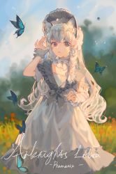Rule 34 | 1girl, absurdres, animal ear fluff, animal ears, arknights, artist name, bonnet, braid, breasts, bug, butterfly, ciloranko, circlet, commentary, copyright name, cowboy shot, cursive, day, dress, english text, expressionless, frilled dress, frilled sleeves, frills, grass, grey eyes, grey headwear, highres, bug, leopard ears, lolita fashion, long hair, looking at viewer, outdoors, parted lips, pramanix (arknights), side braids, silver hair, single sleeve, small breasts, solo, twin braids, victorian, white dress, wrist cuffs, aged down