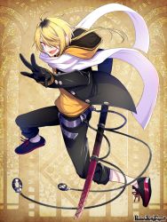 Rule 34 | 1boy, belt, black gloves, black hair, blonde hair, copyright name, fang, fighting stance, full body, gloves, hair over one eye, hood, hood down, long hair, long sleeves, looking at viewer, male focus, morino bambi, multicolored hair, original, pandora party project, red eyes, scarf, sheath, sheathed, solo, two-tone hair, white scarf