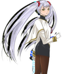 Rule 34 | 1990s (style), 1girl, female focus, gloves, hoshino ruri, kidou senkan nadesico, kidou senkan nadesico - prince of darkness, long hair, looking back, pantyhose, silver hair, skirt, solo, turtleneck, twintails, uniform, very long hair, yellow eyes