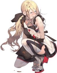 Rule 34 | 1girl, akira (kadokawa), apron, black apron, blonde hair, blue eyes, burnt clothes, chocolate, full body, gloves, holding, kantai collection, kneeling, long hair, looking at another, mole, mole under mouth, multicolored clothes, multicolored legwear, official art, richelieu (kancolle), solo, tears, thighhighs, transparent background, white background