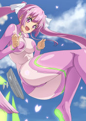 Rule 34 | 10s, 1girl, :d, ass, blue sky, bodysuit, breasts, brooch, cherry blossoms, cloud, day, eyebrows, floating, flower, from below, hair flower, hair ornament, hundred (light novel), jewelry, kirishima sakura (hundred), large breasts, long hair, looking down, namakemono (u446644k), open mouth, outdoors, panties, petals, pink eyes, pink hair, pink panties, pink thighhighs, sidelocks, sky, smile, solo, thighhighs, twintails, underwear