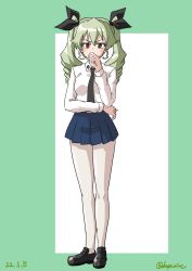 Rule 34 | 1girl, absurdres, anchovy (girls und panzer), anzio school uniform, black footwear, black necktie, black ribbon, blue skirt, dated, dress shirt, drill hair, drops mint, full body, girls und panzer, green hair, hair ribbon, highres, loafers, long hair, long sleeves, looking at viewer, necktie, pantyhose, pleated skirt, red eyes, ribbon, school uniform, shirt, shoes, skirt, solo, twin drills, twintails, twitter username, white pantyhose, white shirt, wing collar